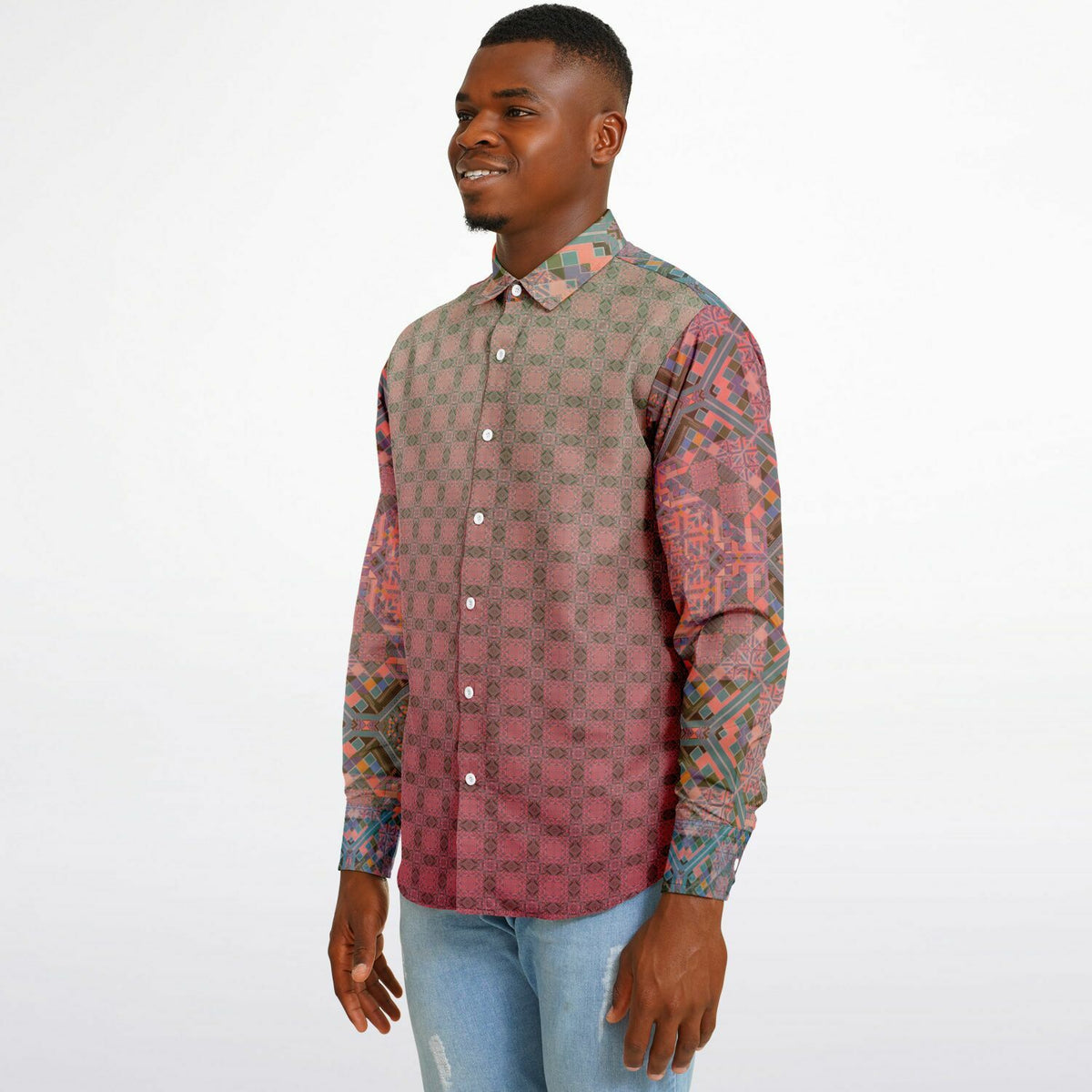 Crimson Geometric Long Sleeve Button-Down Shirt - Unisex