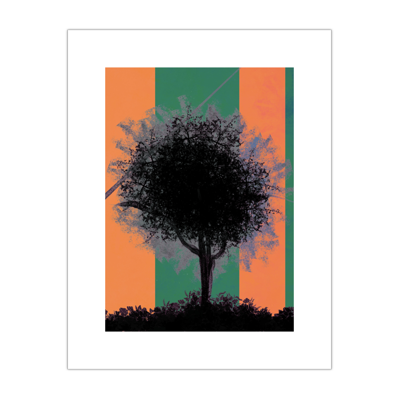 Day Time Ventures 5x7 giclee print with a white border - black tree silhouette on orange and green stripes