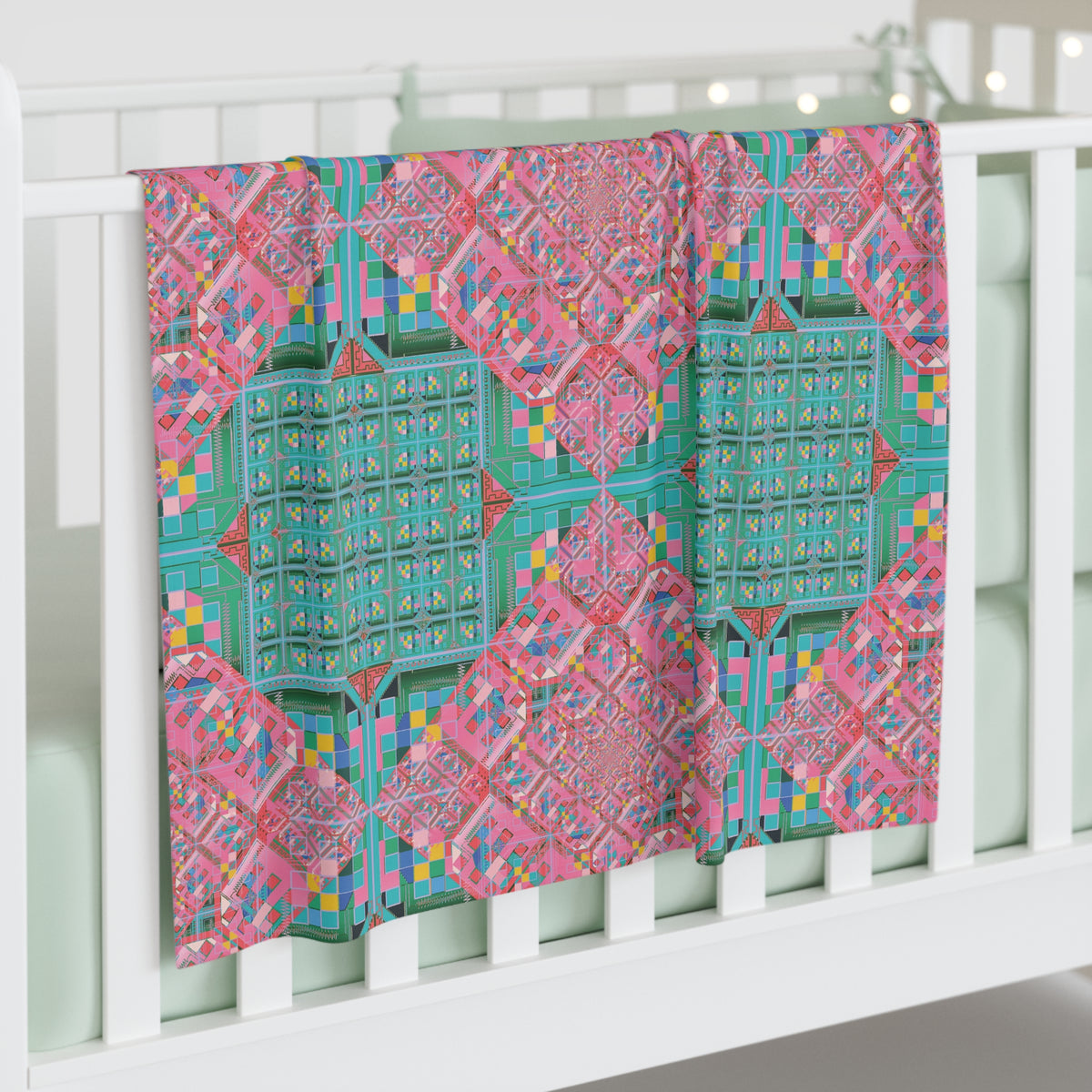 Pink and Teal Pixel Glitch Baby Swaddle Blanket - Geometric Newborn Wrap, 30x40 in