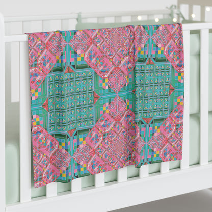 Pink and Teal Pixel Glitch Baby Swaddle Blanket - Geometric Newborn Wrap, 30x40 in