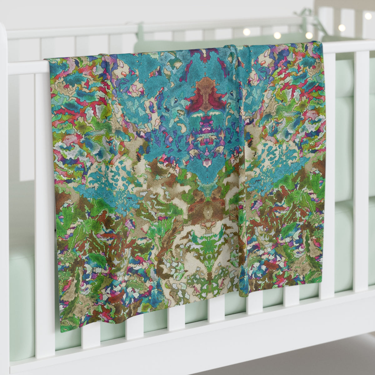 Abstract Floral Baby Swaddle Blanket - Blue Green Watercolor Nursery Wrap, 30x40 in