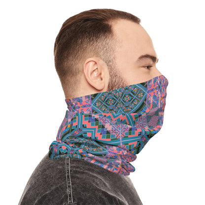 Geometric Mandala Neck Gaiter - Pink and Teal Kaleidoscope Pattern