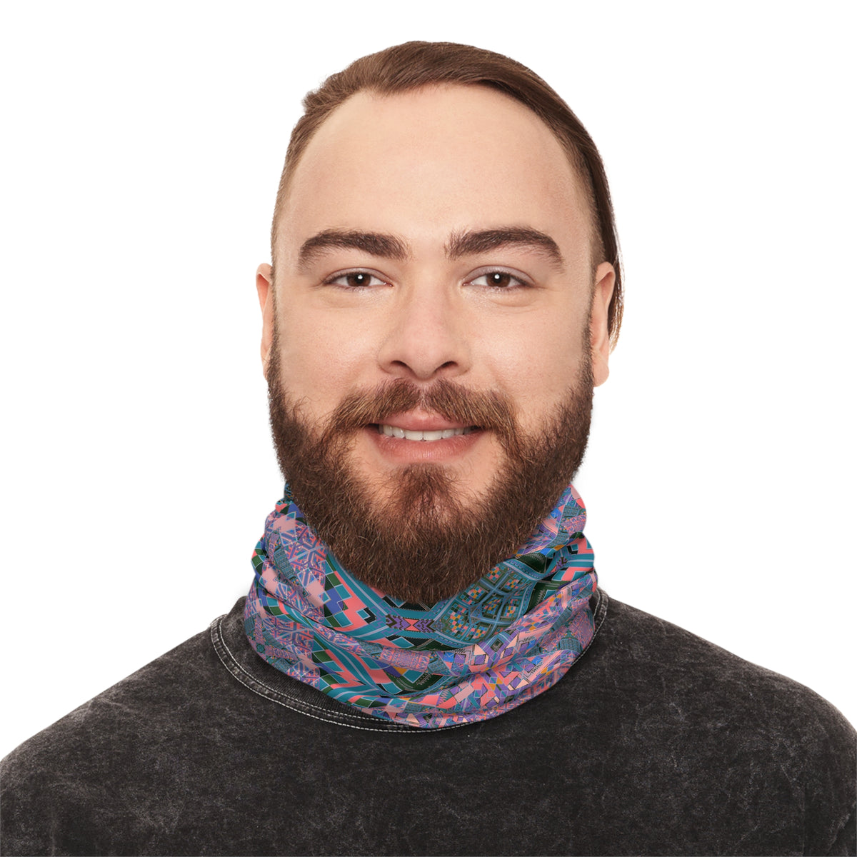 Geometric Mandala Neck Gaiter - Pink and Teal Kaleidoscope Pattern