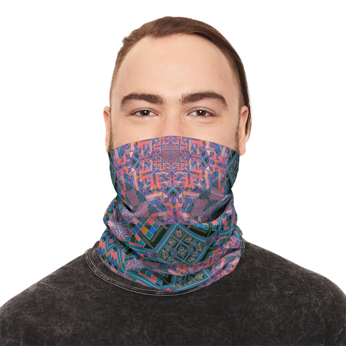 Geometric Mandala Neck Gaiter - Pink and Teal Kaleidoscope Pattern