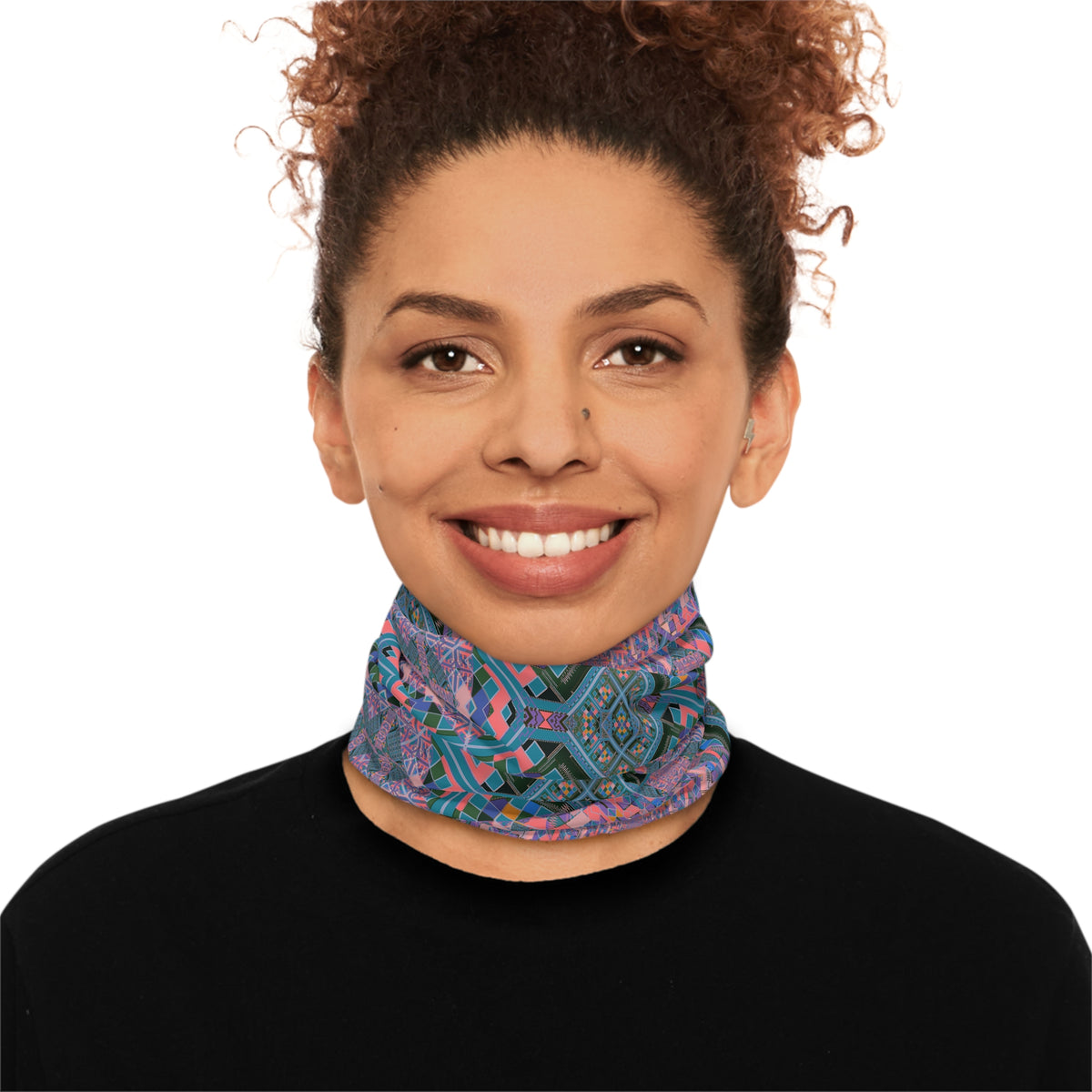 Geometric Mandala Neck Gaiter - Pink and Teal Kaleidoscope Pattern