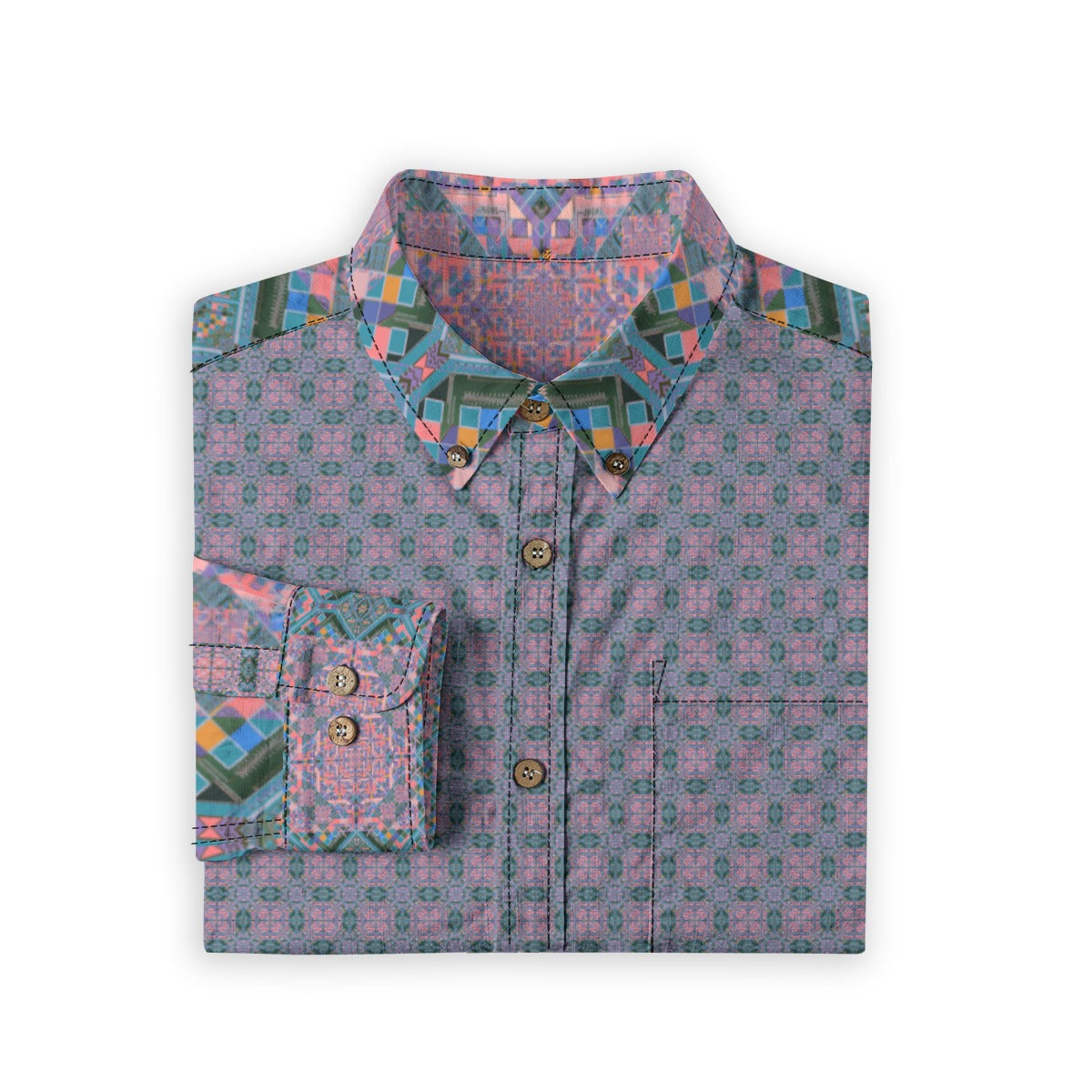 All-Over Print Lapel Long Sleeve Shirt - Men's 140GSM Slub Cotton