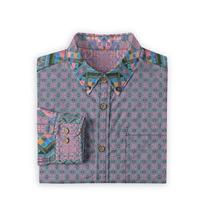 All-Over Print Lapel Long Sleeve Shirt - Men's 140GSM Slub Cotton
