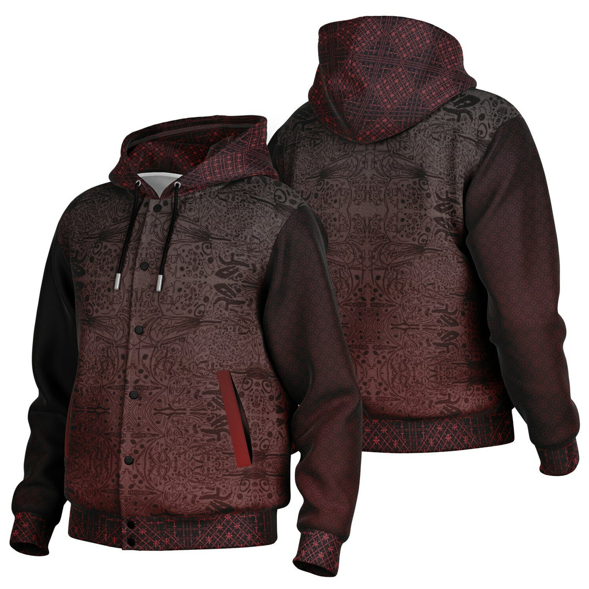 Crimson Hooded Baseball Jacket - All-Over Print, Unisex