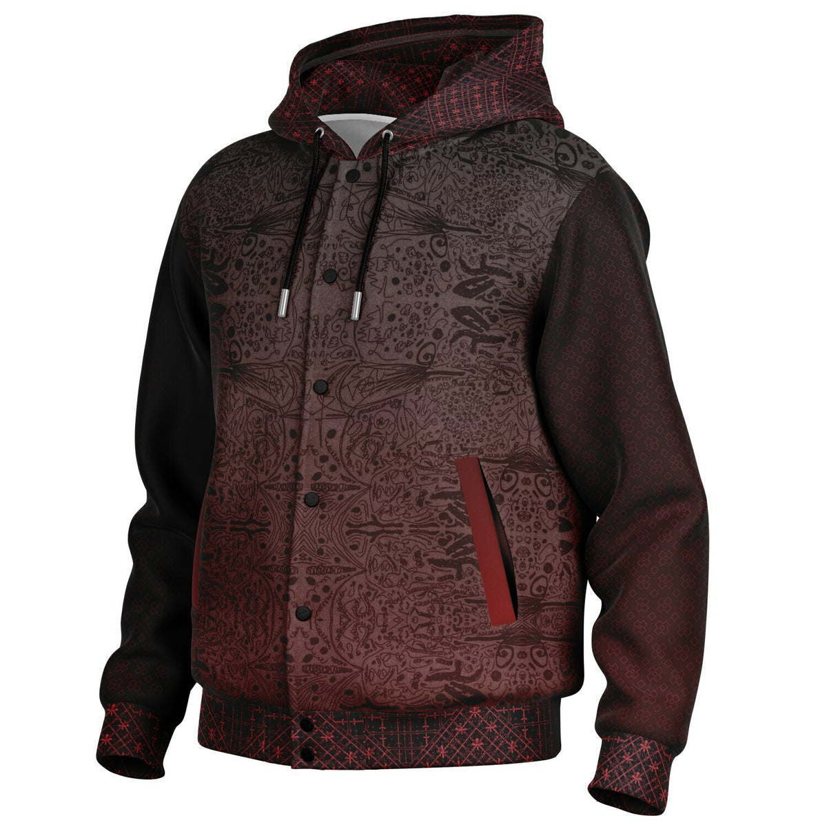 Crimson Hooded Baseball Jacket - All-Over Print, Unisex
