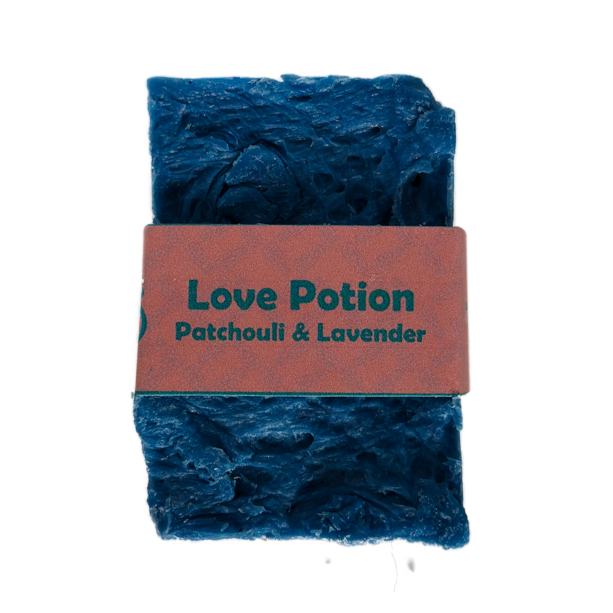 Single bar of Love Potion Patchouli and Lavender handmade soap by Bouncing Studio showing rustic blue texture