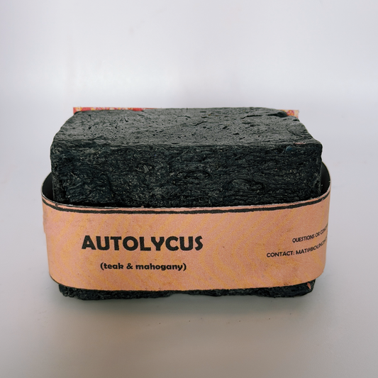 Single bar of Autolycus handmade soap by Bouncing Studio showing dark black texture