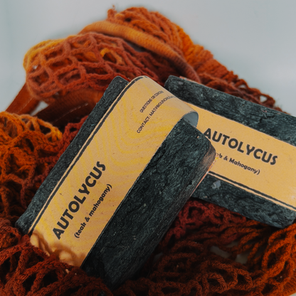 Assorted Bouncing Studio handmade bar soaps in a red rope basket including black bar of Autolycus soap