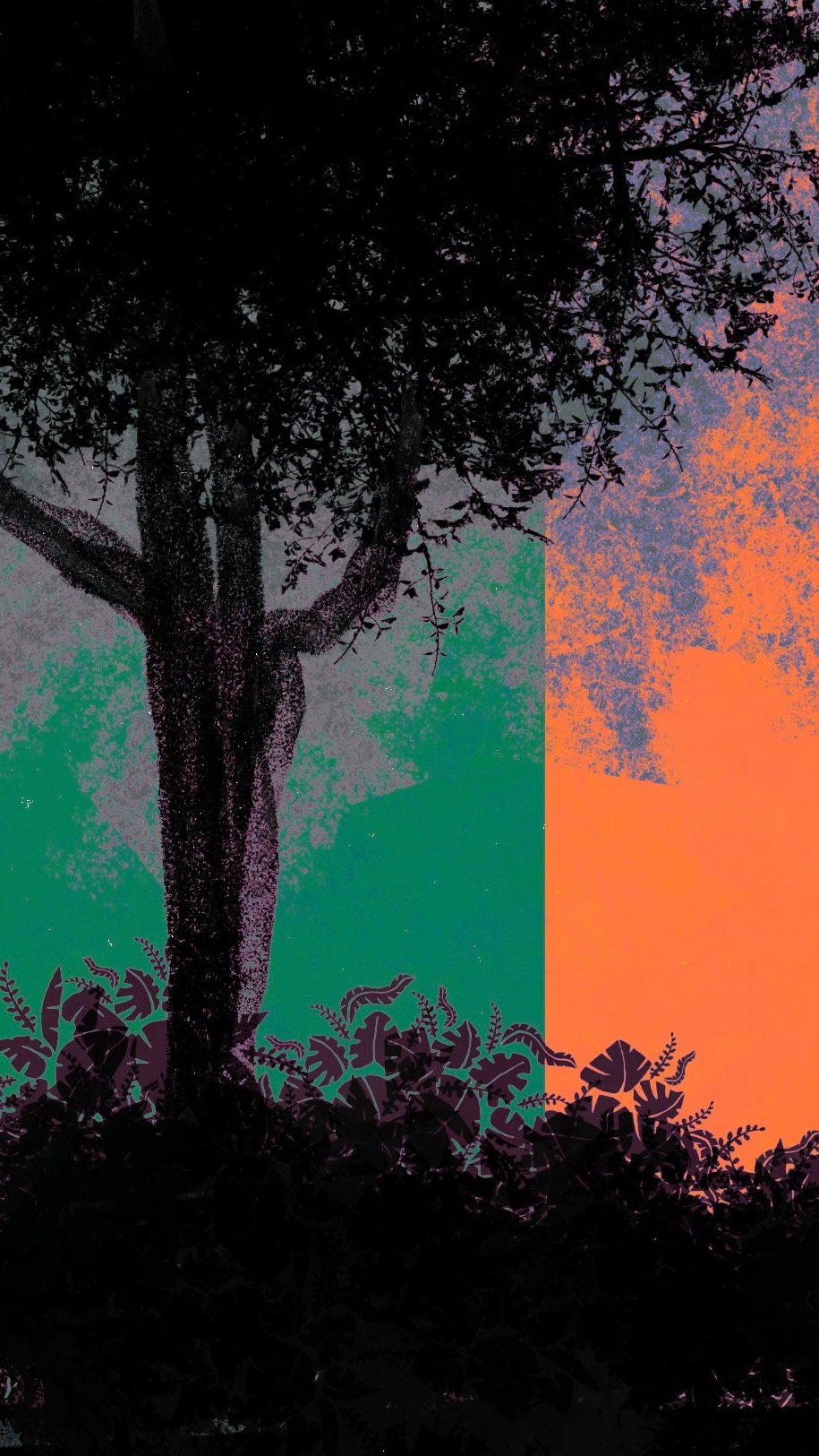Detail view of the Day Time Ventures print - dark tree canopy over teal and orange colour blocking