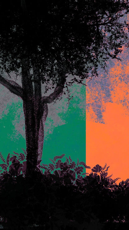 Detail view of the Day Time Ventures print - dark tree canopy over teal and orange colour blocking