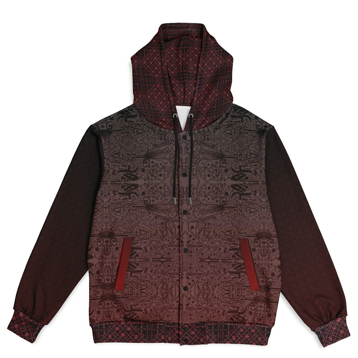 Crimson Hooded Baseball Jacket - All-Over Print, Unisex