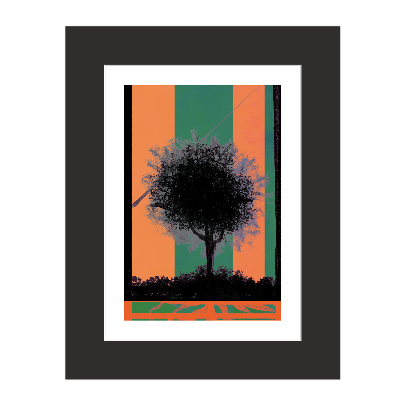Day Time Ventures giclee print shown in a white mat and black frame - black tree silhouette on orange and green stripes