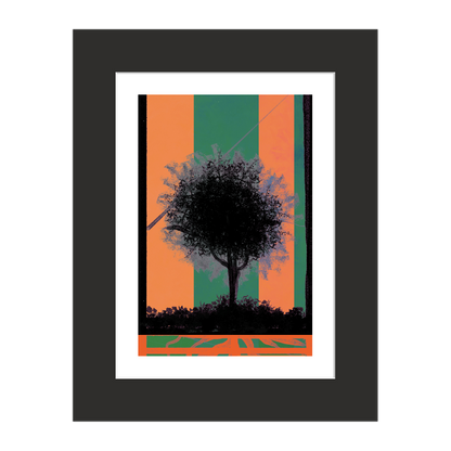 Day Time Ventures giclee print shown in a white mat and black frame - black tree silhouette on orange and green stripes