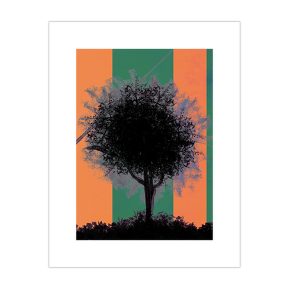 Day Time Ventures 5x7 giclee print with a white border - black tree silhouette on orange and green stripes