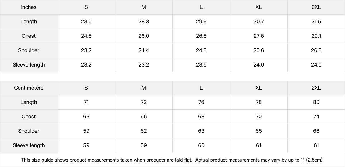 Size guide for the Aphrodite & Venus hoodie - length, chest, shoulder and sleeve measurements for S through 2XL in inches and centimetres
