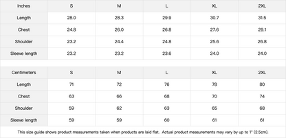 Size guide for the Aphrodite & Venus hoodie - length, chest, shoulder and sleeve measurements for S through 2XL in inches and centimetres