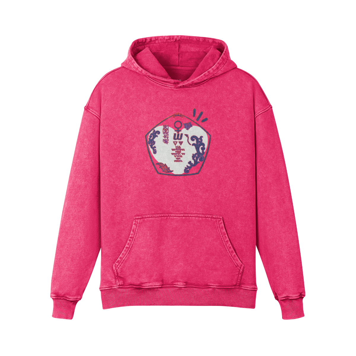 Aphrodite & Venus embroidered hoodie in dark pink, front view - oversized washed cotton with pink, purple and white chest crest
