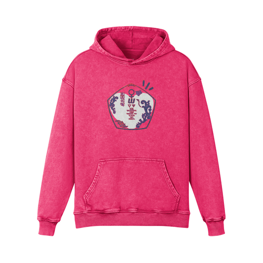 Aphrodite & Venus embroidered hoodie in dark pink, front view - oversized washed cotton with pink, purple and white chest crest