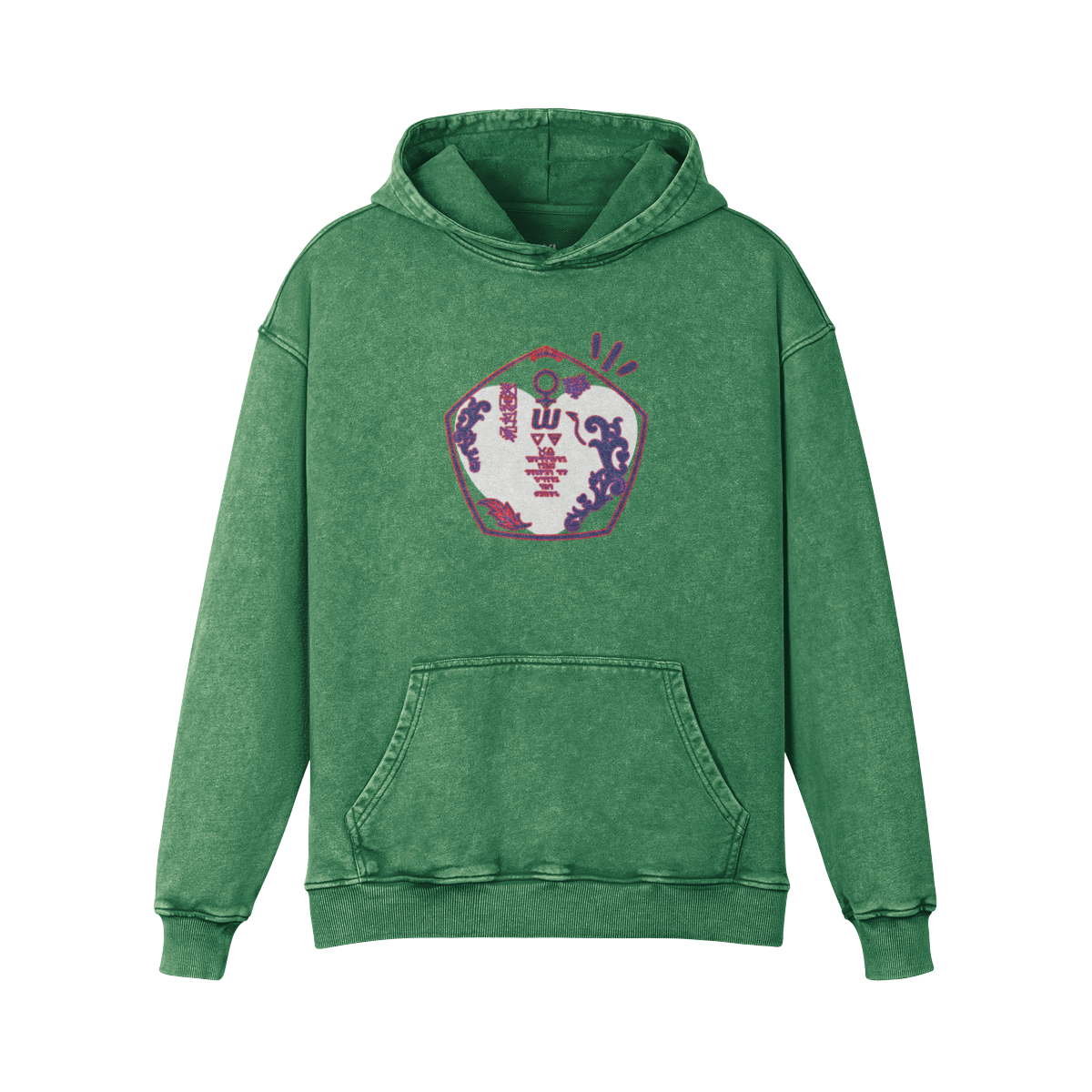 Aphrodite & Venus embroidered hoodie in cactus green, front view - oversized washed cotton with embroidered chest crest