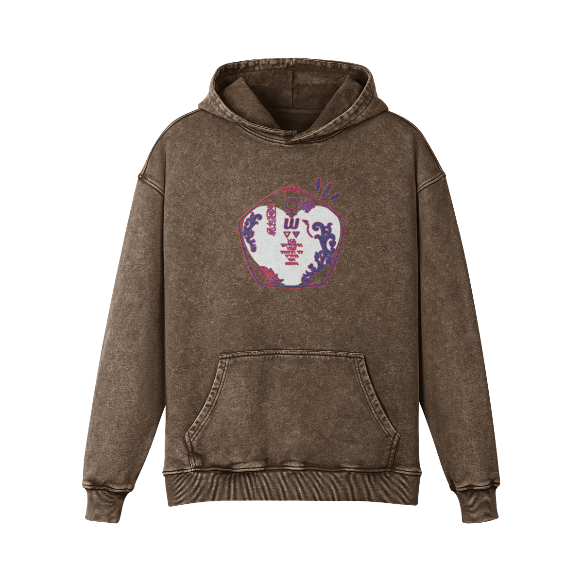 Aphrodite & Venus embroidered hoodie in brown, front view - oversized washed cotton with embroidered chest crest