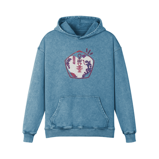 Aphrodite & Venus embroidered hoodie in shadow blue, front view - oversized washed cotton with embroidered chest crest